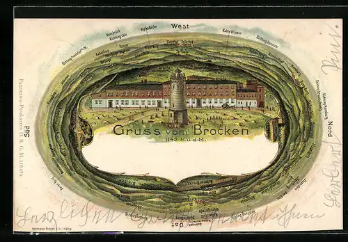 Lithographie Brocken, Panorama in alle Himmelsrichtungen