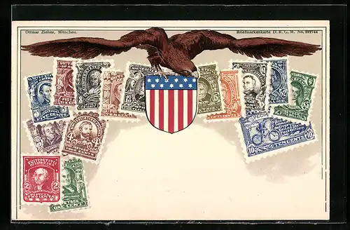 AK Briefmarken der USA, Wappen und Adler