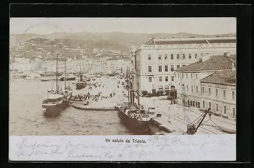 Foto-AK Fritz Gratl: Triest, Teilansicht der Stadt mit Hafen aus der Vogelschau