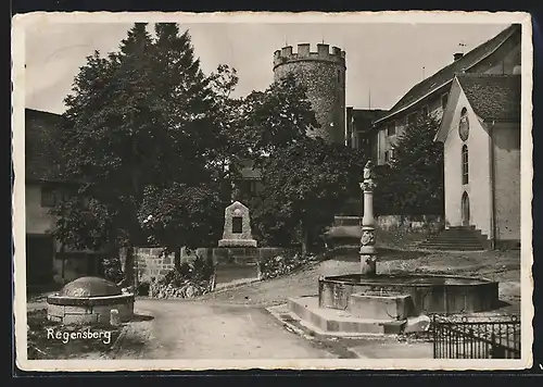 AK Regensberg, Ortspartie an Turm und Springbrunnen