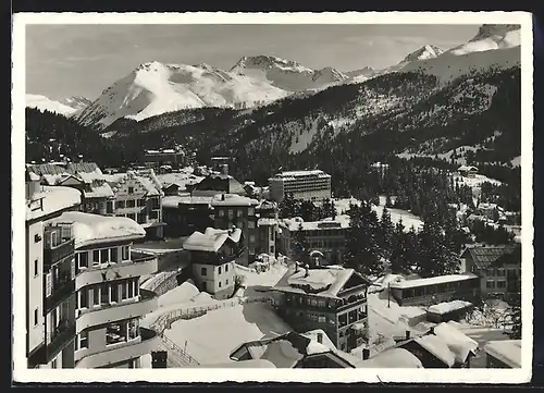 AK Arosa, Ortsansicht aus der Vogelschau im Schnee