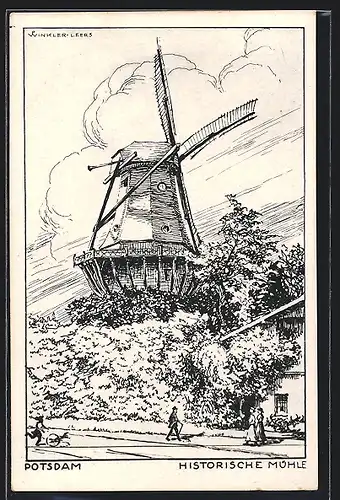 Künstler-AK Potsdam, Historische Windmühle mit Passanten