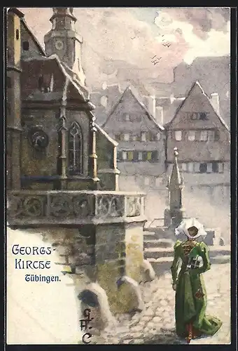 Künstler-AK Tübingen, Georgskirche und Frau mit Paket