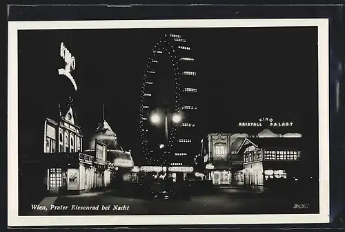 AK Wiener Prater, Vergnügungspark, Riesenrad bei Nacht, 