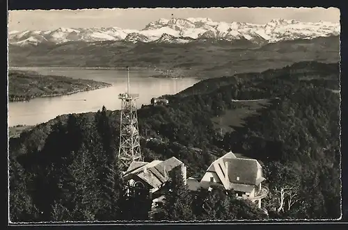 AK Uetliberg, Gross-Restaurant Uto-Kulm mit Blick auf Zürichsee und Glarneralpen