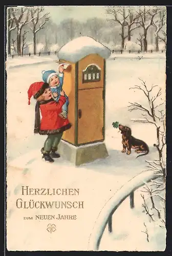 AK Kinder werfen einen Brief in den Briefkasten, Herzlichen Glückwunsch zum neuen Jahr