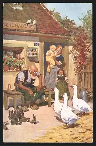 Künstler-AK Landhaus des Schuhmachers mit Frau, Kindern und Gänsen