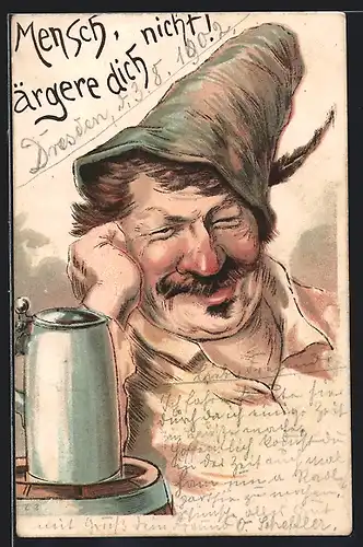 AK Mann mit roter Nase sitzt neben einem Bierkrug, Trinkerhumor