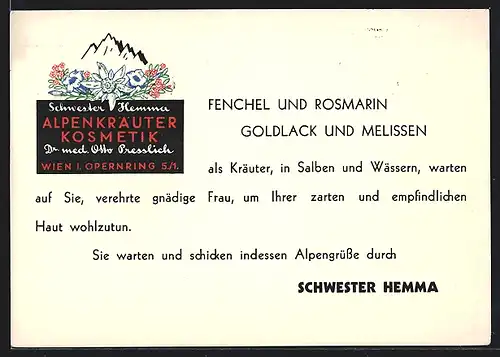 AK Wien, Reklame für Schwester Hemma Alpenkräuter Kosmetik Dr. med. Otto Presslich, Opernring 5, Edelweiss u. Berggipfel