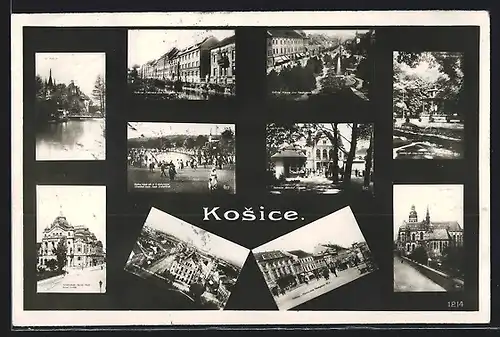 AK Kosice, Verschiedene Stadtansichten: Kirche, Schwimmbad, Strassenpartie, Ortsansicht aus der Vogelschau