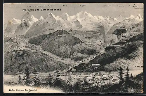 AK Interlaken, Ortsansicht und Berner Oberland mit Gipfelpanorama