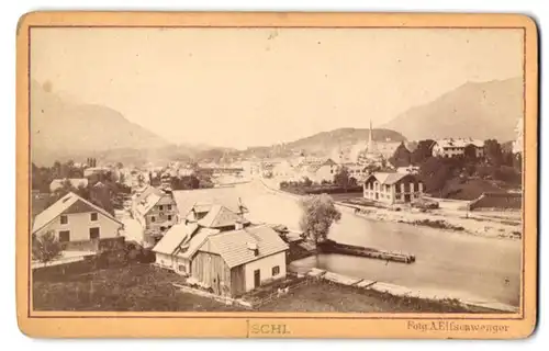 Fotografie A. Elfsenwenger, Goisern, Ansicht Ischl, Blick in den Ort mit K. K. Salinen Zeuc. Stadl