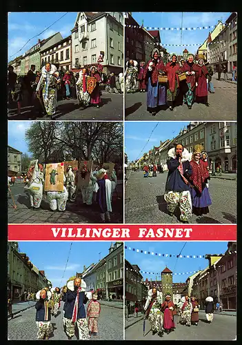 AK Villingen, Fasnet, Umzug mit Kostümierten