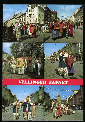 AK Villingen, Fasnet, Umzug mit Kostümierten