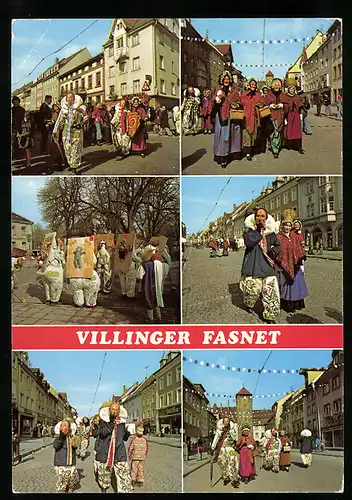 AK Villingen, Fasnet, Umzug mit Kostümierten