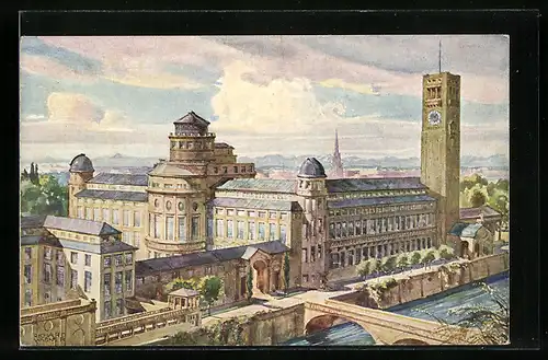 Künstler-AK München, das Deutsche Museum, Ansicht von Nordwest an der Isar