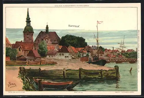 Künstler-AK Carl Biese: Kappeln, Ortsansicht mit Strasse am Hafen