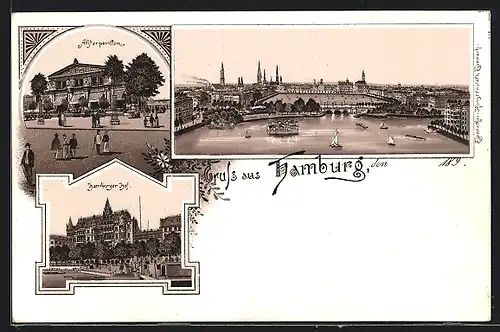 Lithographie Hamburg-Neustadt, Hamburger Hof, Alsterpavillon, Stadtpanorama