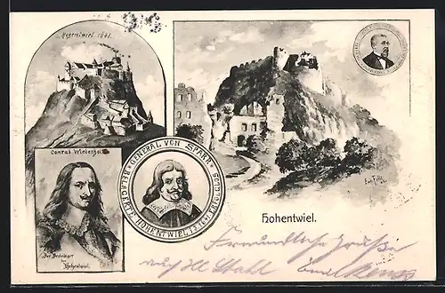 Lithographie Hohentwiel, Festung, Portraits von Conrad Wiederholt und General von Sparr