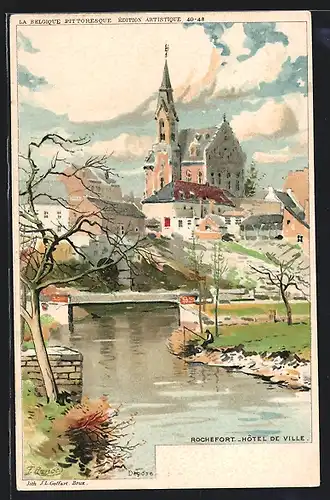 Künstler-AK F. Ranot: Rochefort, Hôtel de Ville, Ort mit Kirche und Flusspartie