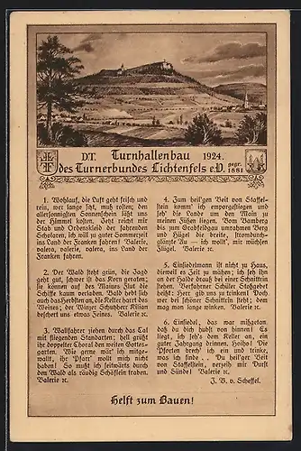 AK Lichtenfels, Turnhallenbau des Turnerbundes, Baustein, Gedicht