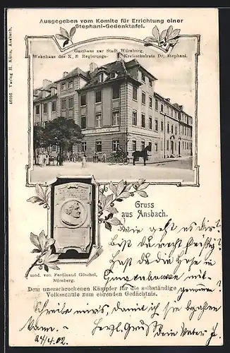 AK Ansbach, Gasthaus zur Stadt Würzburg, Errichtung einer Stephani-Gedenktafel