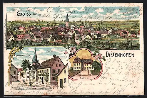 Lithographie Dietenhofen, Strassenpartie mit Post, Schule, Ortsansicht