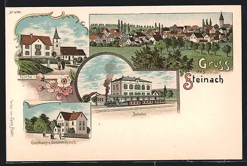 Lithographie Steinach /Ens, Kirche, Gasthaus zum Goldnen Kreuz, Bahnhof