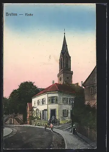 AK Bretten, Strassenpartie mit Kirche