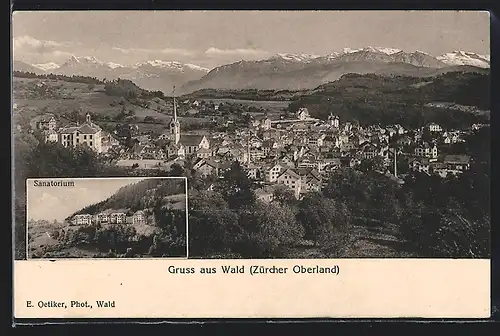 AK Wald, Sanatorium, Totalansicht mit Kirche, Häuser und Gebirgspanorama