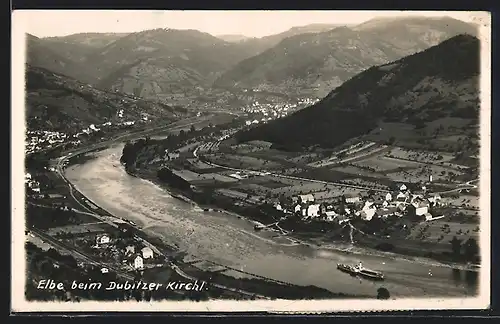 AK Dübitzer Kirchl, Elbe mit Schiff und anliegende Ortschaften aus der Vogelschau