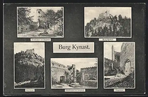 AK Kynast, Burg, Hauptburghof mit Staupsäule, Hungerturm, Totalansichten