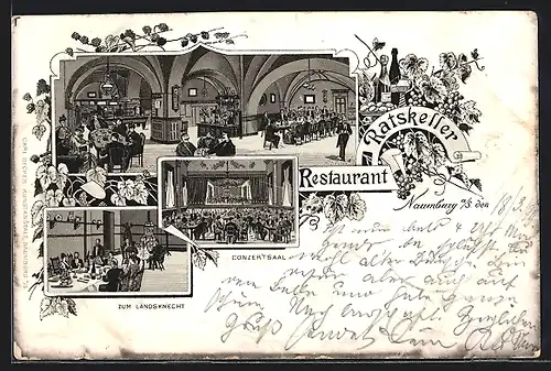 Lithographie Naumburg, Restaurant Ratskeller, Conzertsaal, Zum Landsknecht