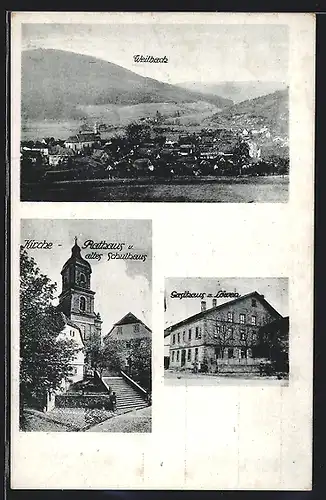 AK Weilbach, Gasthaus zum Löwen, Kirche, Rathaus und Schule, Gesamtansicht