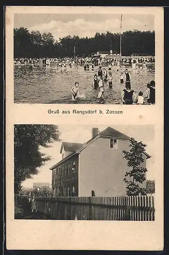 AK Rangsdorf bei Zossen, Freibad mit Badenden, Gebäude mit Bewohnern im Fenster