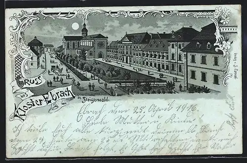 Mondschein-Lithographie Ebrach, Kloster Ebrach, Ortsansicht mit Strasse und Anlagen