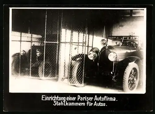 Fotografie unbekannter Fotograf, Ansicht Paris, Einrichtung einer Pariser Autofirma, Stahlkammern für Autos