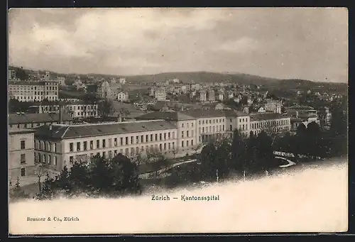 AK Zürich, Kantonsspital mit Parkanlage, Häuser und Umgebung aus der Vogelschau