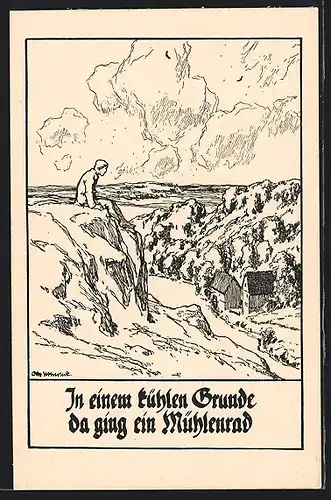 Künstler-AK Otto Ubbelohde: Deutsche Volkslieder In einem kühlen Grunde da ging ein Mühlenrad