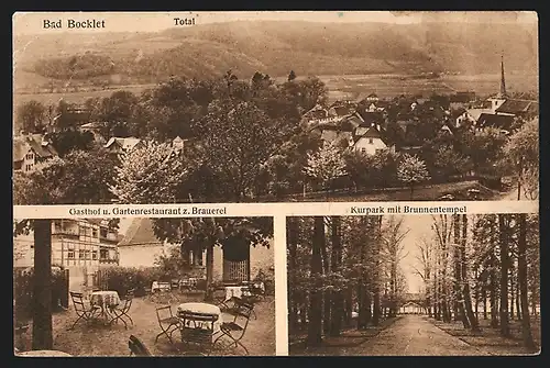 AK Bad Bocklet, Gasthof und Gartenrestaurant zur Brauerei H. Laudensack, Kurpark mit Brunnentempel, Totalansicht