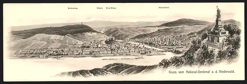 Klapp-Künstler-AK Eugen Felle: Bingen, National-Denkmal a. d. Niederwald, Panorama mit Burg Klopp