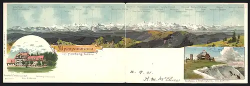 Klapp-Lithographie Feldberg, Alpenpanorama mit Gasthöfen Feldberghof und Feldbergturm