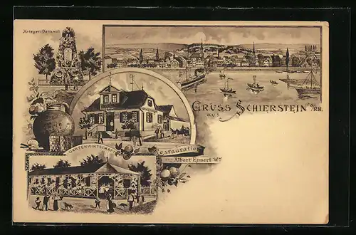 Künstler-AK Schierstein /Rh., Ortsansicht vom Wasser aus, Gasthaus Albert Ermert Ww. mit Garten