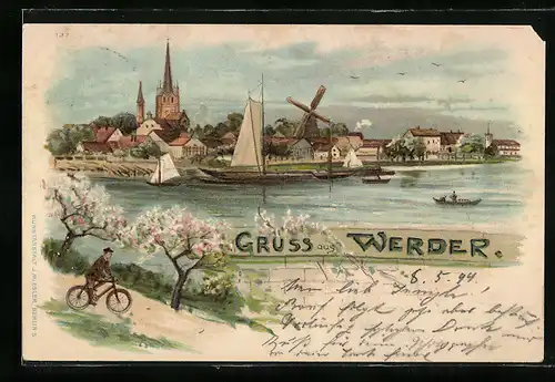 Lithographie Werder, Panorama während Baumblüte, Windmühle