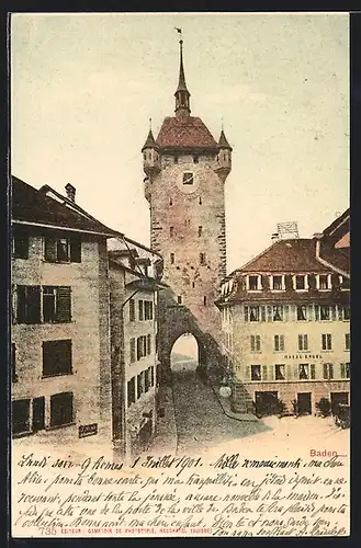 AK Baden, Stadtturm und Hotel Engel aus der Vogelschau