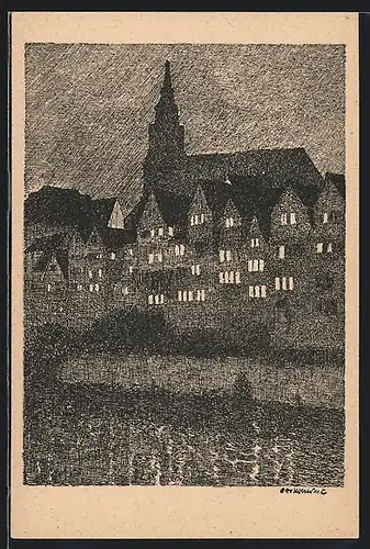 Künstler-AK Tübingen, Blick zur Stiftkirche bei Nacht