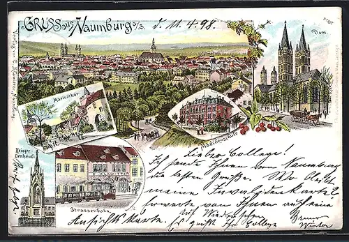 Lithographie Naumburg a. S., Mädchenschule, Dom, Marienthor und Strassenbahn