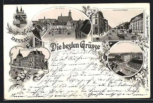 Lithographie Dessau, Kavalierstrasse, Herzogl. Schloss, Kleiner Markt