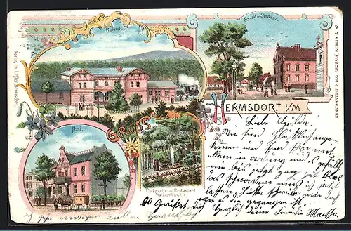 Lithographie Berlin-Hermsdorf, Bahnhof, Post, Schule, Eisenbahn, Pferdekutsche