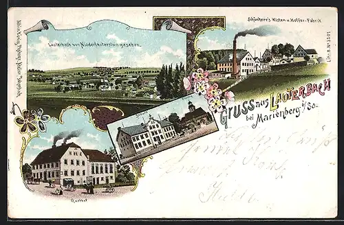 Lithographie Lauterbach bei Marienberg i. Sa., Am Gasthof, Schönherr`s Kisten u. Koffer-Fabrik